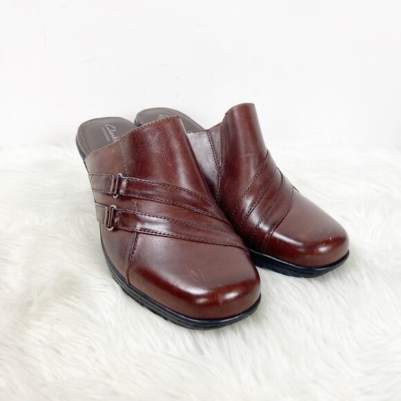 Clarks 8.5 M Womens Brown Leather Slide Heeled Comfort Clogs - Picture 1 of 9